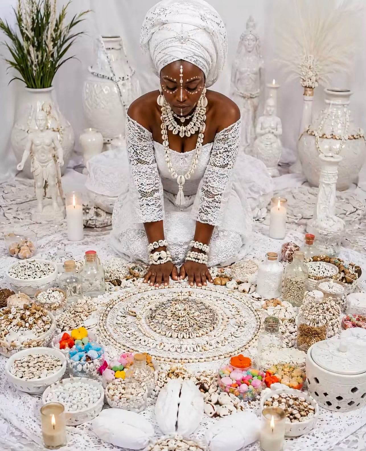 Master Sanhati in white ceremonial dress during a private spiritual consultation with cowrie shells and candles